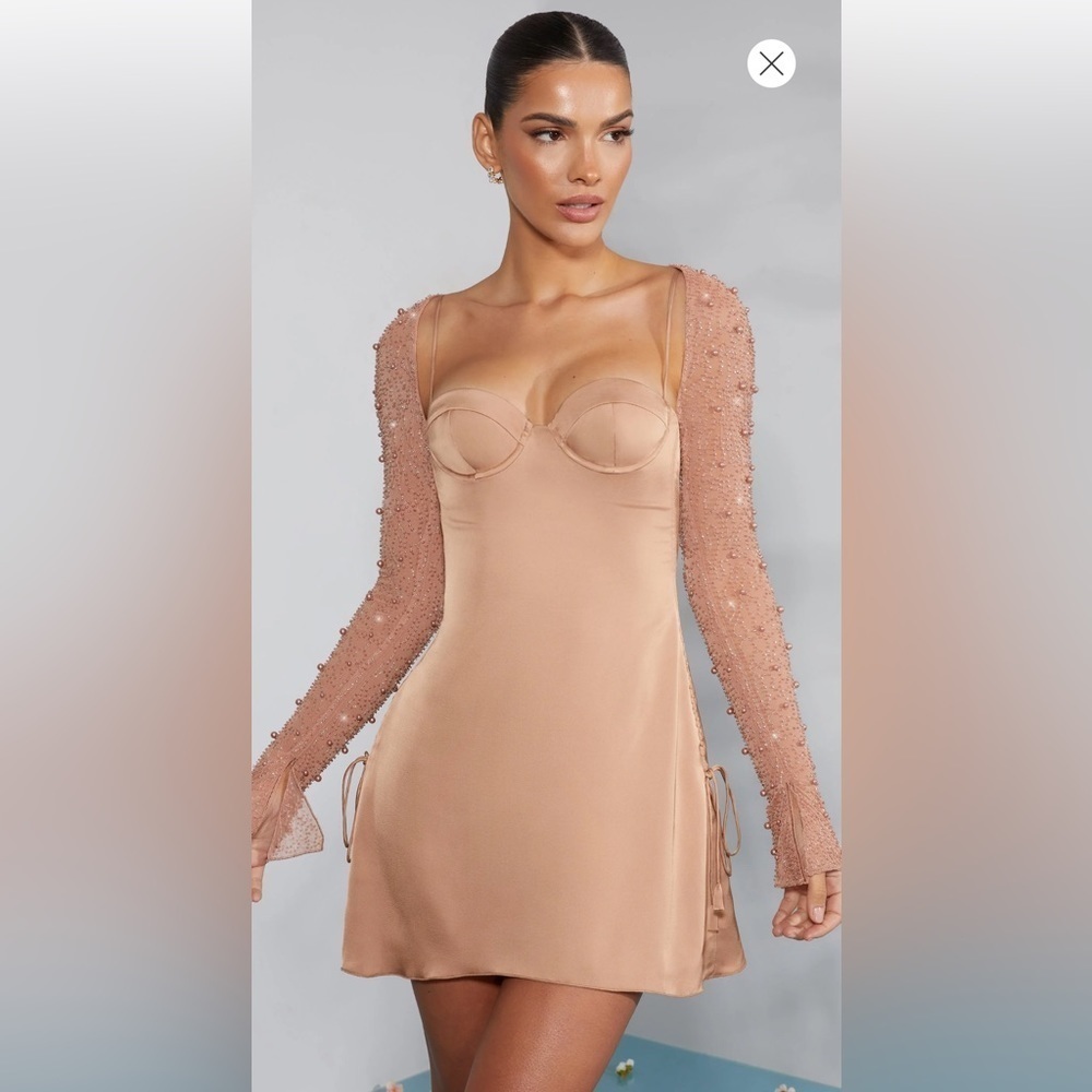 Oh Polly GENEVA Long Sleeve Embellished A-line Mini Dress in Beige Size 8+ NWT